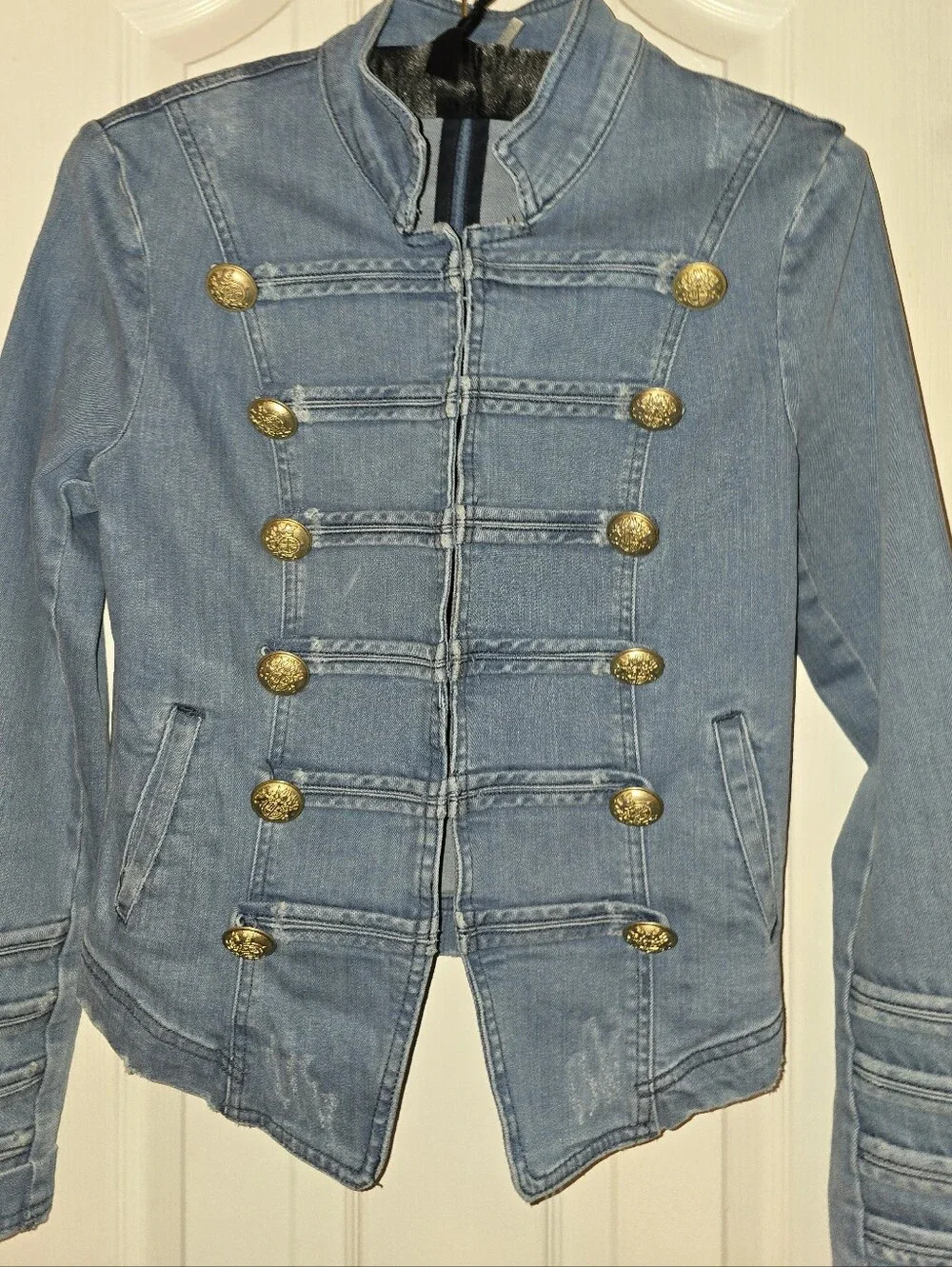 Free People Distressed Denim Military Jacket Gold Buttons Small - Picture 11 of 16